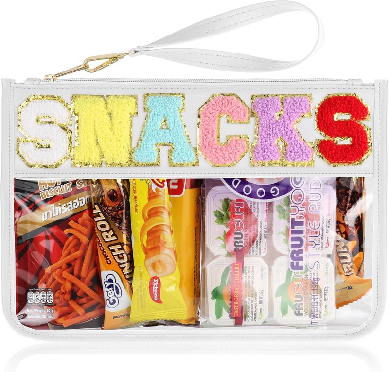 TESAFNG Snack Bag for Travel - Clear Chenille Varsity Letter Flat Pouch with Zipper, 12.2×8.46 inch Waterproof Clear Nylon Preppy Patch Makeup Cosmetic tote Bags for Women Girls - Image 1